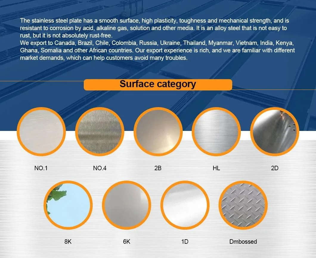 Cold/Hot Rolled ASTM SUS 301 302 303 304 304L 309 310 310S 321 2b/Ba/No. 4/8K/Mirror 0.7mm 3mm 10mm Thickness Stainless Steel Sheet