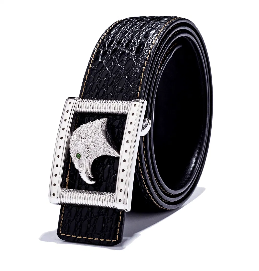 Diamond-Encrusted Stainless Steel Buckle Leather Belt for Men