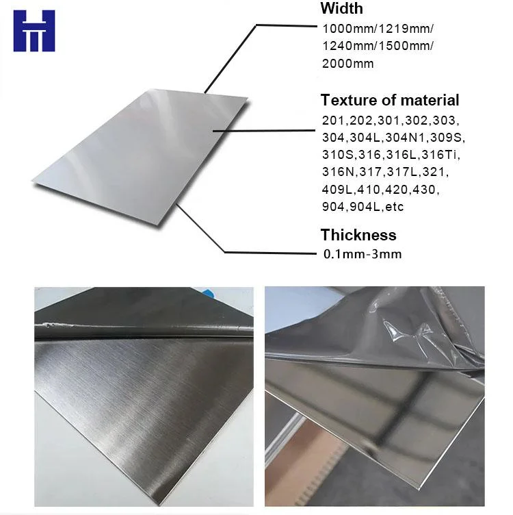 ASTM AISI Cold/Hot Rolled 201 202 304 316 316L 430 410 309 with 2b No. 1 Ba 8K for Building Material Stainless Steel Sheet 0.1mm 0.5mm 1mm 2mm 3mm 4*8