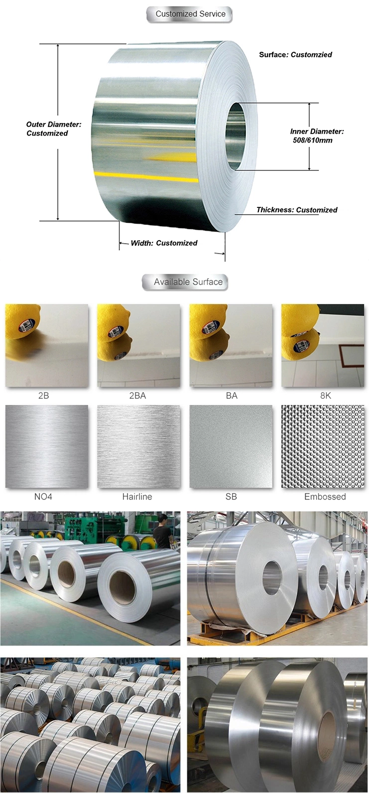 Factory Price 410j1 410s 420f 420j2 416 SUS316 SUS316L SS304 440 1.4301 Ba 2b 8K Hairline Surface Stainless Steel Plate Strip Coil