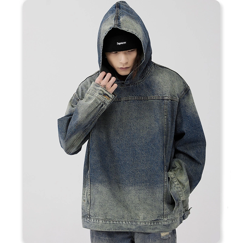 Distressed Retro Denim Hooded Sweatshirt Men&prime;s Autumn and Winter New Couple American Jacket