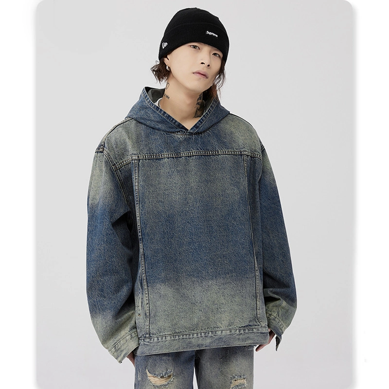 Distressed Retro Denim Hooded Sweatshirt Men&prime;s Autumn and Winter New Couple American Jacket