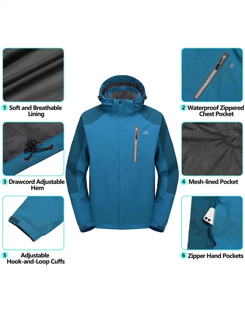 Men&prime;s Waterproof Hiking Travel Shell Breathable Rain Jacket