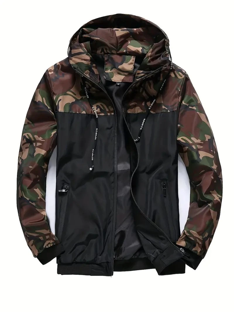 Men&prime;s Casual Hooded Camo Windbreaker Jacket Coat Regular Fit Coat for Spring Autumn Outdoors Hiking