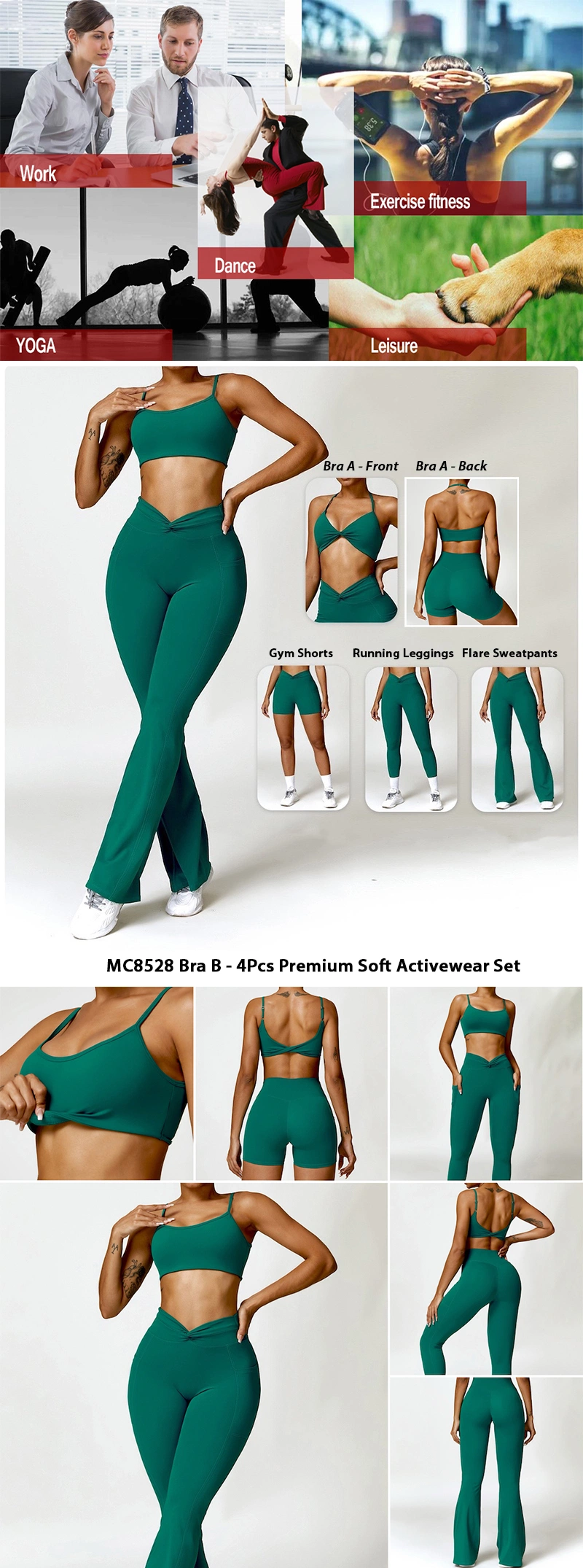 New Design Attractive Gym Yoga Activewear for Women, Custom Luxury 2/3/4 PCS Ropa De Yoga Sports Bra + Butt Lifting Leggings with Pockets Flared Fitness Clothes