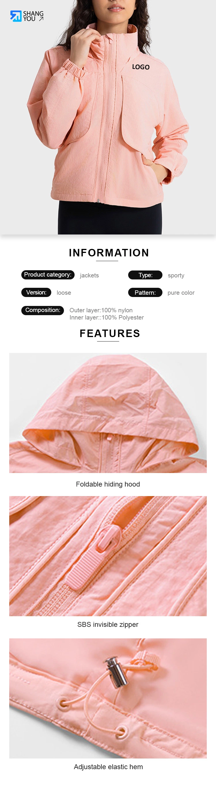Wholesale Factory Women&prime;s Windproof Wovenfabric Rainproof Hooded Jacket Sbs Zipper Breathable Storm Jacket Outdoor Jackets