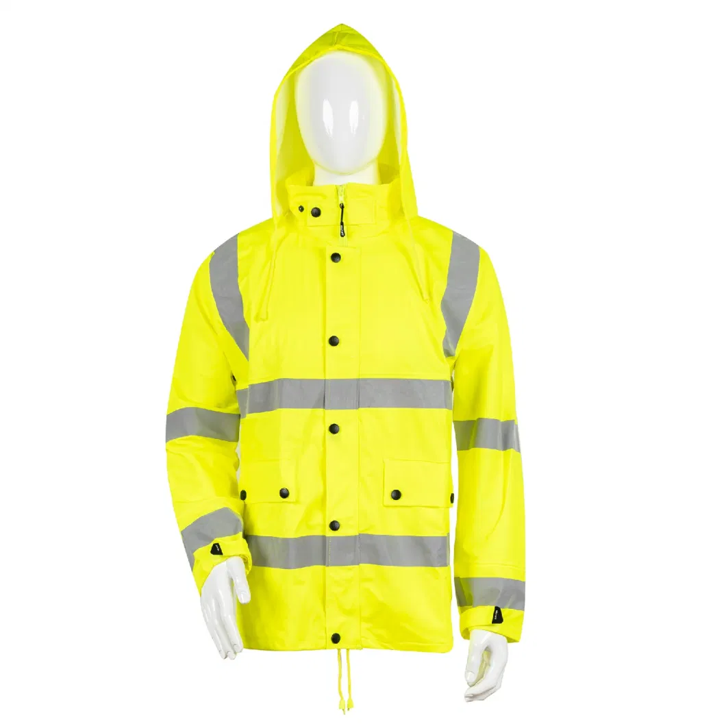 Sample Customization High Visibility Safety Workwear Waterproof PU Rain Jacket