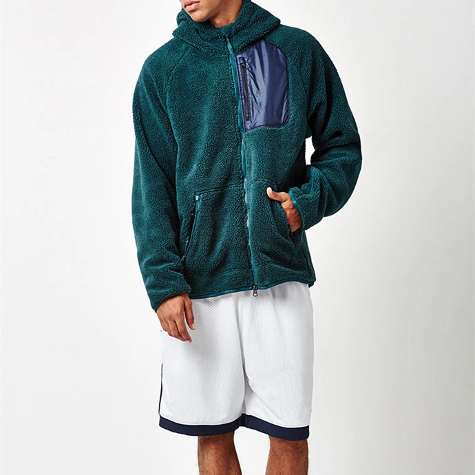 Soft Sherpa Style Outdoor Winter Wear Contrast Zip Pocket Hoodies Fleece Jackets for Men