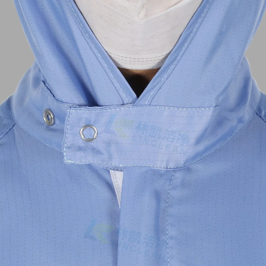 Blue Dustproof Cleanroom Work Clothes Front Zipper ESD Workwear for Pharmaceutical Factory
