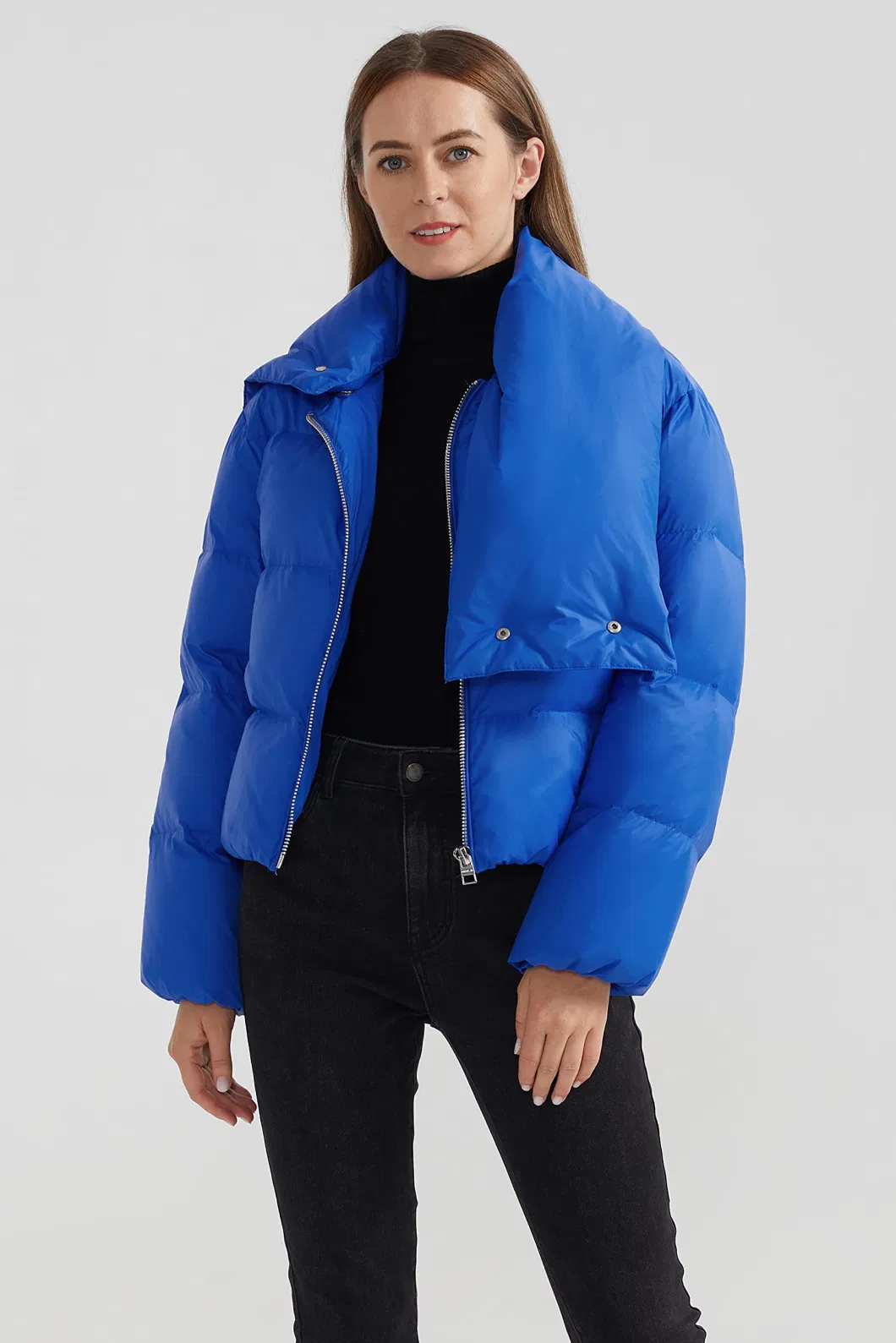 Asiapo China Factory Zara Style Women&prime;s Stylish Duck Down Jacket with Detachable Oversized Funnel Collar
