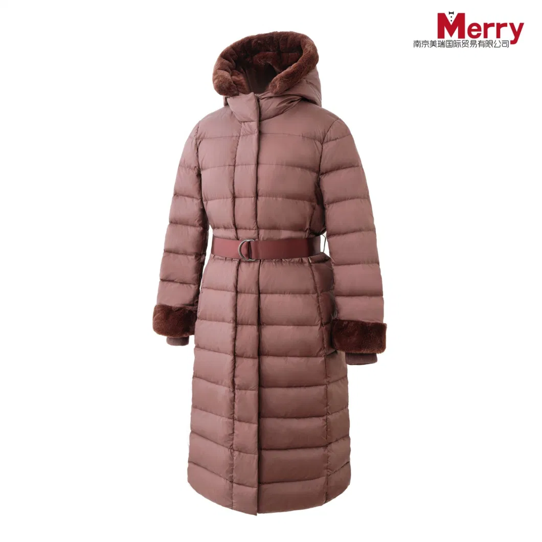 Classic Fashion Jacket Ladies Winter Real Down Coat/Popular Soft Faux Fur Hooded Outerwear Jacket with Belt Windproof Sleeve Cuff
