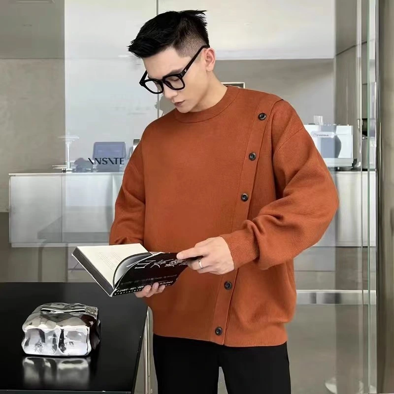 Men Knitted Sweater Round Neck with Decoration Long Sleeve Sweater