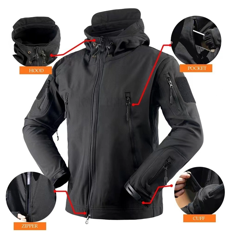 OEM Custom Logo Black Breathable Soft Shell Waterproof Polyester Spandex Detachable Hooded Tactical Coat Winter Ski Casual Softshell Windbreaker Jacket