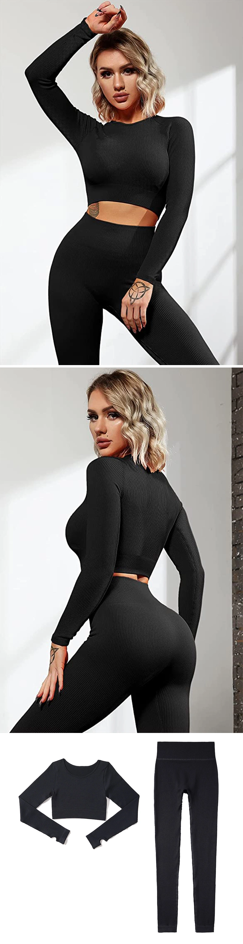 Custom High Quality Seamless Activewear Manufacturer Compression Workout Clothes for Women, 2 PCS Ribbed Long Sleeve Crop Top + Tummy Control Leggings Sets