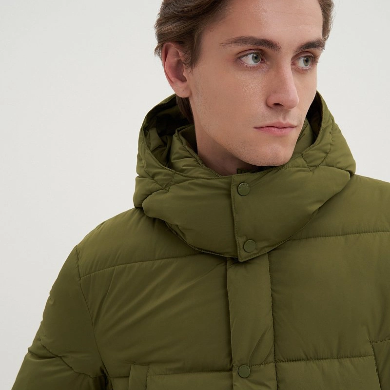 Customized Modern Autumn-Winter Men Wind-Proof Polyester	Matte Fit Puffer Down Jacket with Multi-Pockets in Olive Green	for City Walk