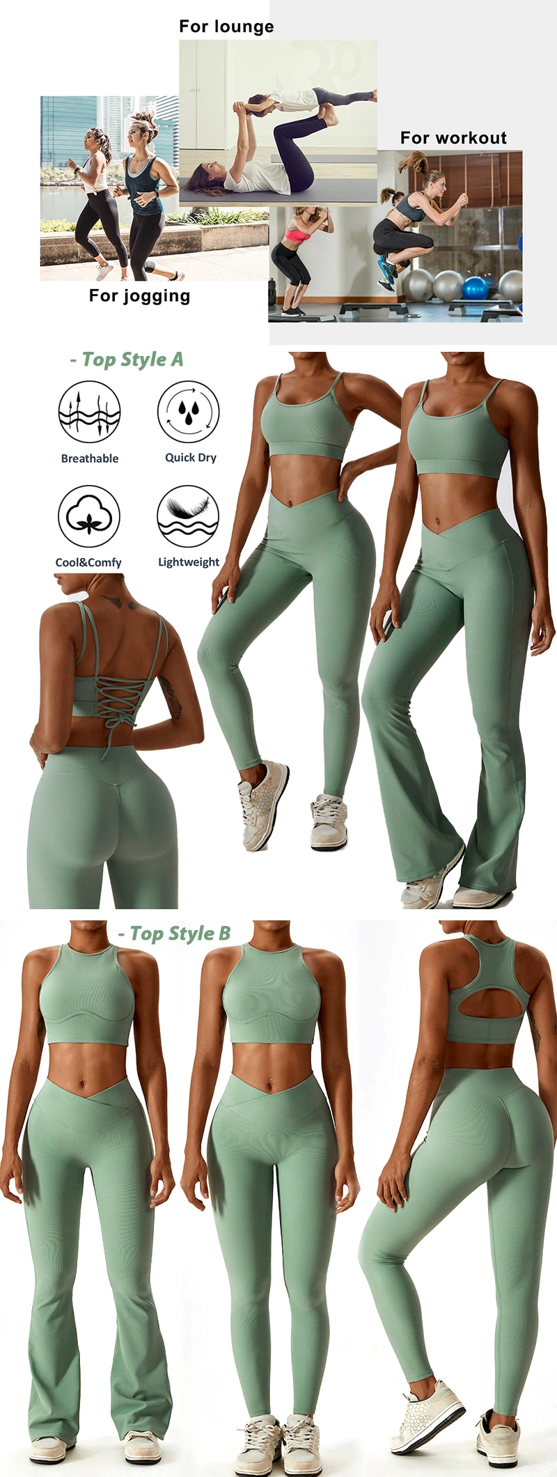 New Design Attractive Gym Yoga Activewear for Women, Custom Luxury 2/3/4 PCS Ropa De Yoga Sports Bra + Butt Lifting Leggings with Pockets Flared Fitness Clothes