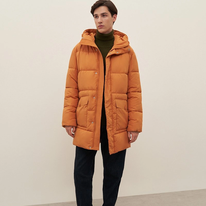 New-Style Modern Autumn-Winter Men Wind Proof Polyester Glossy Fit Longline Puffer Down Jacket with Special Pockets in Orange for Outdoor