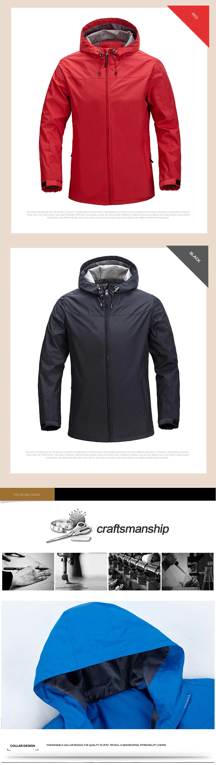 Custom Mens 100% Polyester Waterproof Plain Windbreaker Outdoor Hiking Jackets