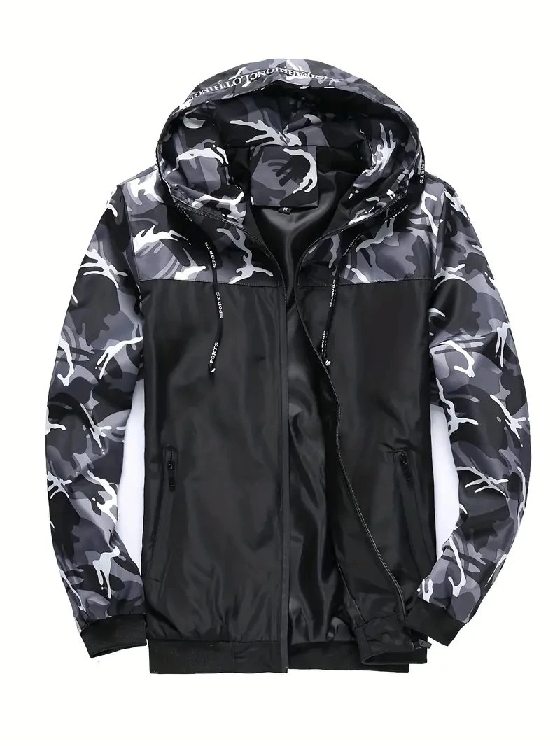 Men&prime;s Casual Hooded Camo Windbreaker Jacket Coat Regular Fit Coat for Spring Autumn Outdoors Hiking