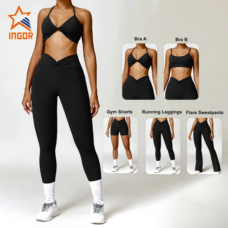 Ingorsports Factory Hot Selling 5PCS Set Sports Fitness Sweat Suits Gym Clothing for Women, Custom Logo Gym Top + Yoga Shorts + Workout Leggings Active Apparel