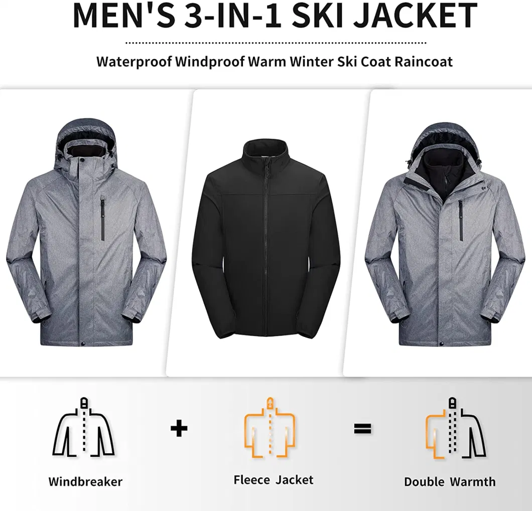 Men&prime;s Waterproof Jacket Insulated Warm 3-in-1 Ski Snow Winter Coat Windproof Softshell Jacket
