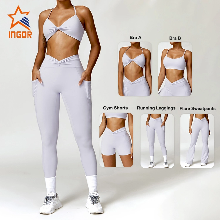 Ingorsports Factory Hot Selling 5PCS Set Sports Fitness Sweat Suits Gym Clothing for Women, Custom Logo Gym Top + Yoga Shorts + Workout Leggings Active Apparel