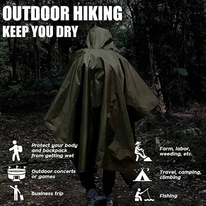 Waterproof Rain Poncho Lightweight Reusable Hiking Hooded Coat Jacket for Outdoor Activities