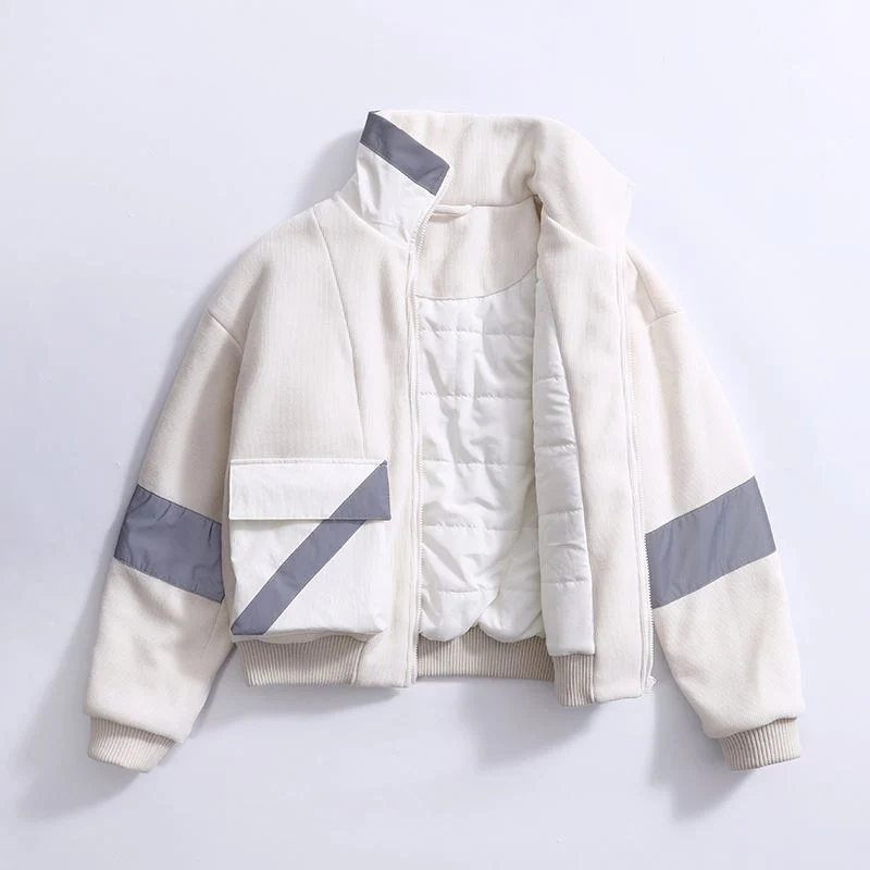 Manufacturer Padded Reflective Contrast Fabric Corduroy White Coat Women Outdoor Jacket Reflective