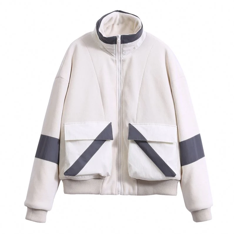 Manufacturer Padded Reflective Contrast Fabric Corduroy White Coat Women Outdoor Jacket Reflective