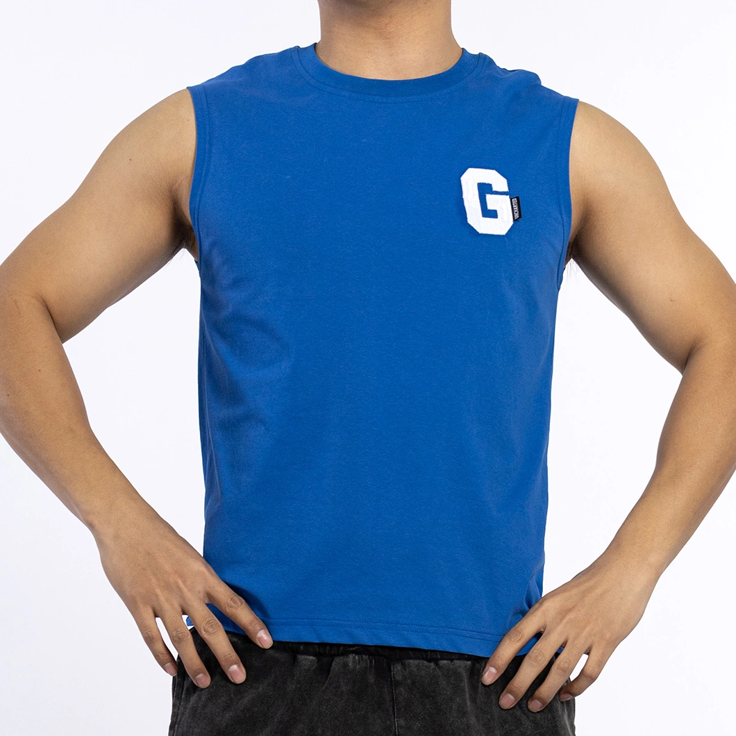 Custom Knitwear 180GSM Cotton Male Top Blue Casual Logo Printed Men Vest