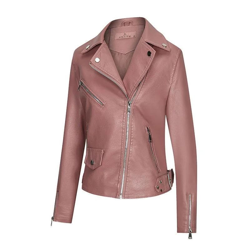 Trench Coat Women Ladies Outerwear Fashion Girls Winter Coats Faux Leather Jacket Female Grey Biker Jacket Canada/American with Rivets and Slant Zipper