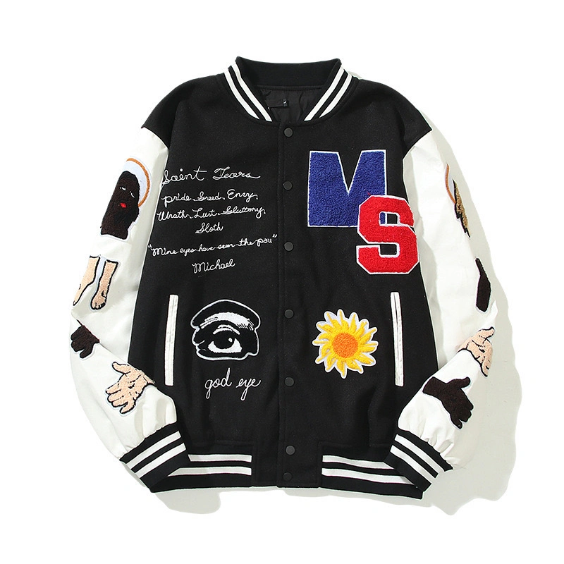 Teenager Color Clash Chenille Embroidery Fleece Varsity Baseball Letterman Jackets