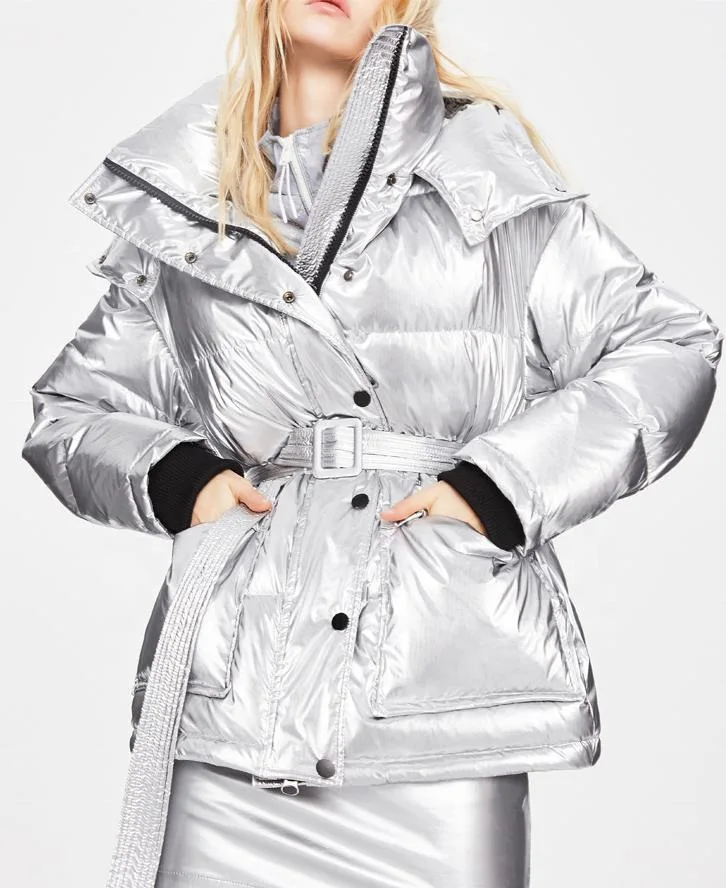 New Fashion Women Winter Shiny Waterproof Padded Coat Duck Down Jackets with Belt Girls Puffer Coat