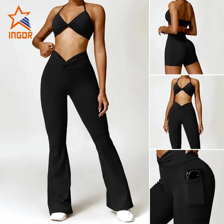 Ingorsports Factory Hot Selling 5PCS Set Sports Fitness Sweat Suits Gym Clothing for Women, Custom Logo Gym Top + Yoga Shorts + Workout Leggings Active Apparel