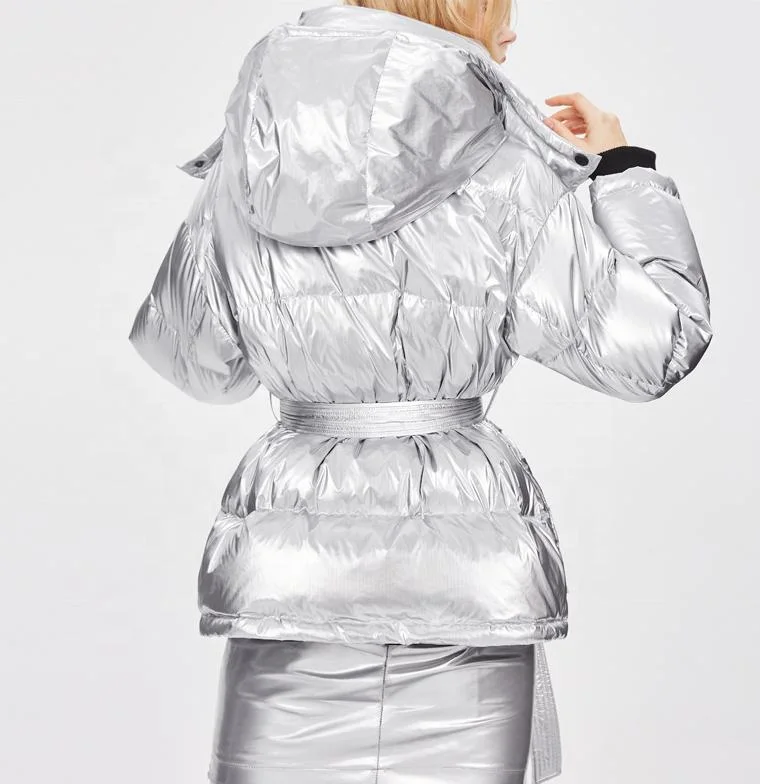 New Fashion Women Winter Shiny Waterproof Padded Coat Duck Down Jackets with Belt Girls Puffer Coat
