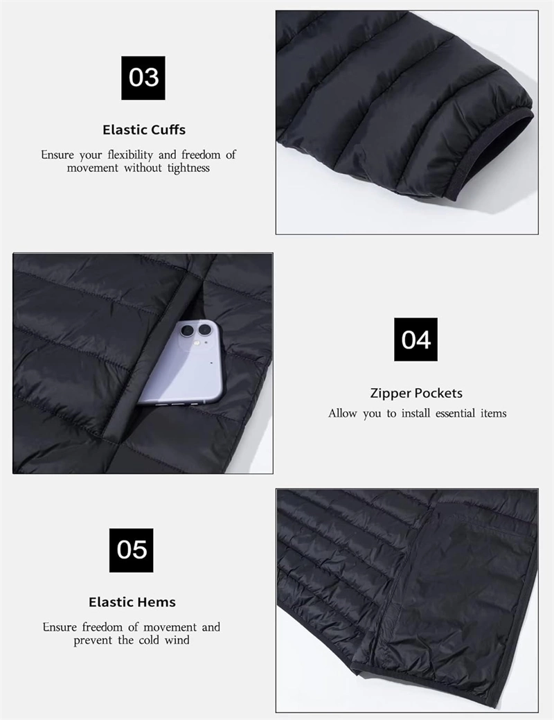 Custom Logo High Quality Cotton Waterproof Quilted Windbreaker Packable Warm Detachable Hood Filled Coats Casual Sports Running Down Puffer Jacket