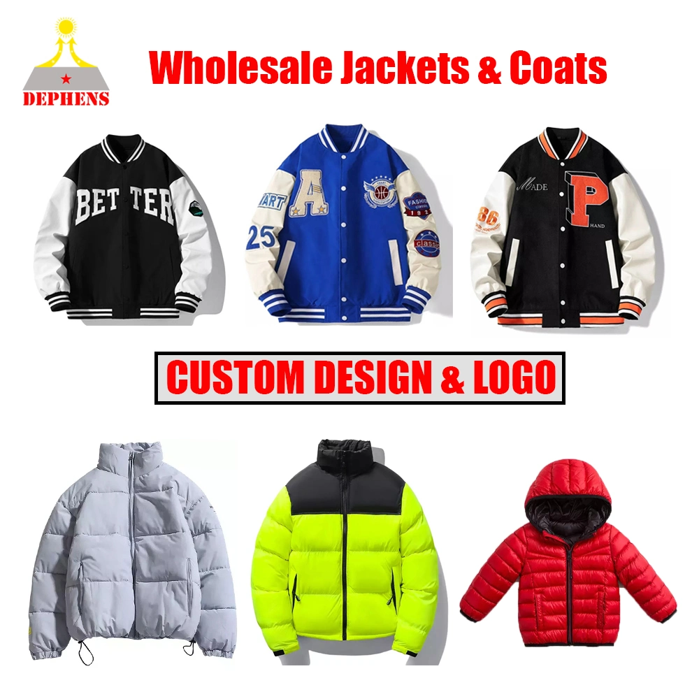 Custom Wholesale Vintage PU Leather Sleeves Men Women Kids Children Down Puffer Winter Sports Bomber Streetwear Letterman Baseball School College Varsity Jacket