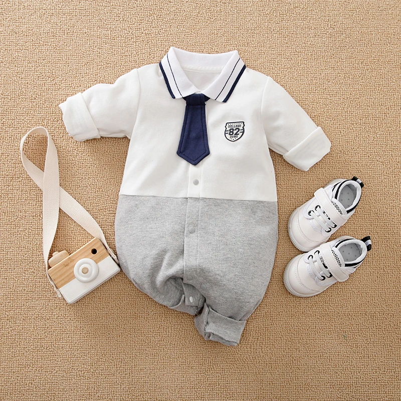 Wholesale Baby Fashion Clothes 100%Cotton Long Sleeve with Tie Cute Pajama Baby Boys Romper