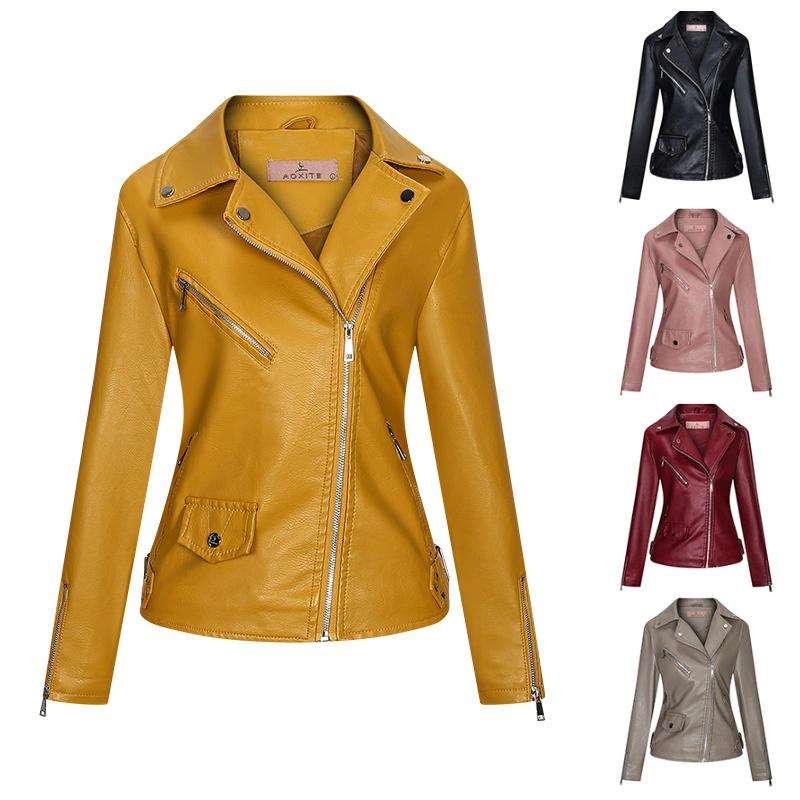 Trench Coat Women Ladies Outerwear Fashion Girls Winter Coats Faux Leather Jacket Female Grey Biker Jacket Canada/American with Rivets and Slant Zipper