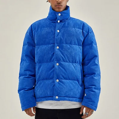  Comercio al por mayor soporte de las chaquetas de invierno por Puffer Collar Botón frontal Blue Men Down Jacket abrigo para hombres
