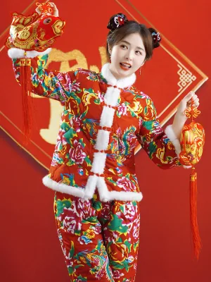 China Grande Flor Cotton Jacket estilo étnico Impreso Hooded festiva Chaquetas de algodón con set de trajes