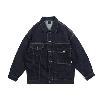  Fabricante de China en el exterior Bombardero de último diseño personalizado de color azul oscuro Chaqueta Denim