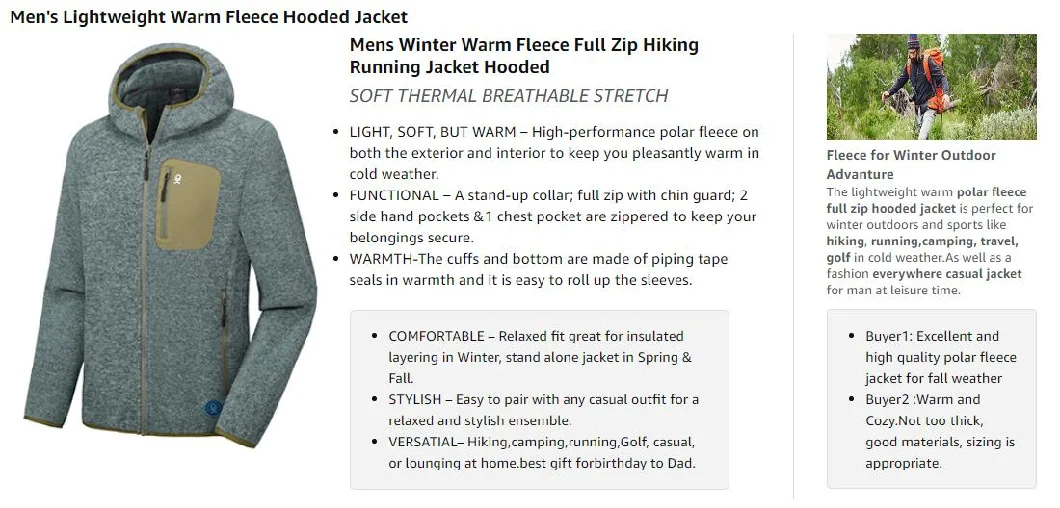 Men&prime; S Lightweight Sport Outdoor Fashion Winter Warm Polar Fleece Running Jacket Hooded Full Zip Hiking Jacket