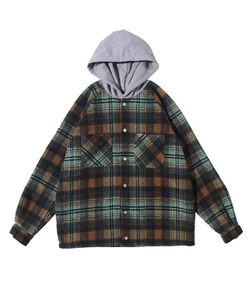 Mens Clothes Hooded Oversized Plaid Flannel Hooded Buttons Mens Casual Jackets Oversized Coat