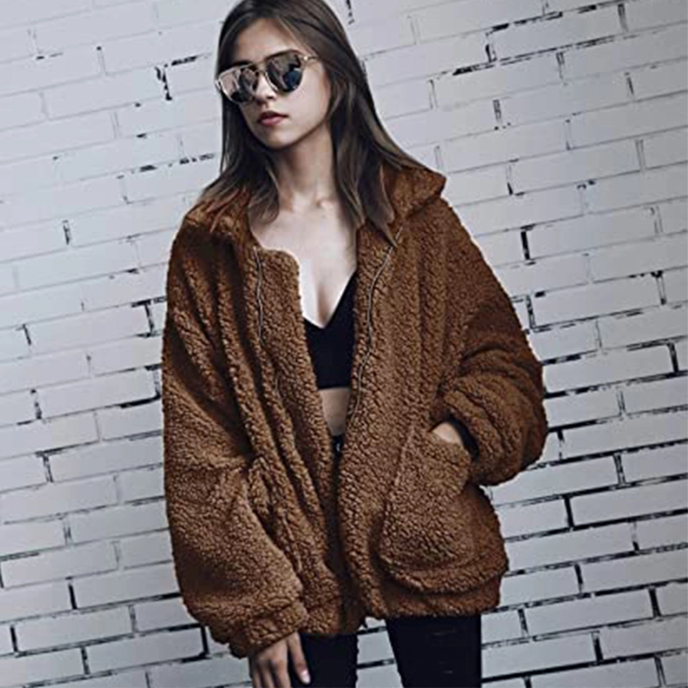 Original Factory Women&prime;s Long Sleeve Cardigan Coat Lapel Button Down Warm Fuzzy Fleece Jacket Oversized Winter Outwear with Pockets