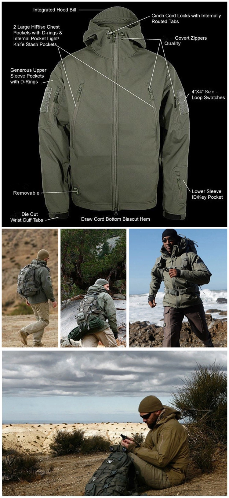 Esdy Tactical Waterproof Combat Coat Softshell Khaki Hunting Jacket Hoodie
