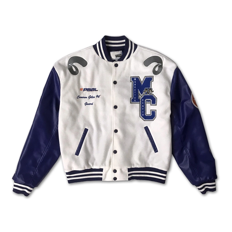 blue Leather Sleeves Cotton Fabric Baseball Jacket Young Sport Jacket Baseball