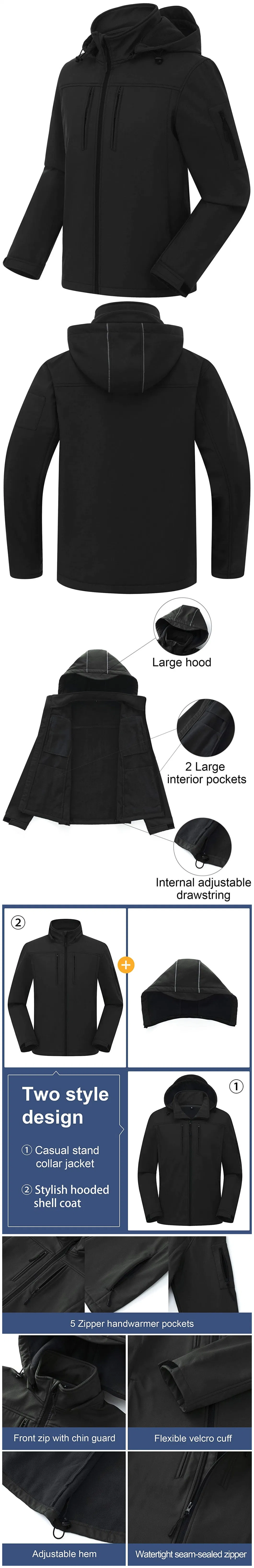 Men Softshell Military style Winter Sport Waterproof Windproof Fashion Outdoor Jacket with Removable Hood