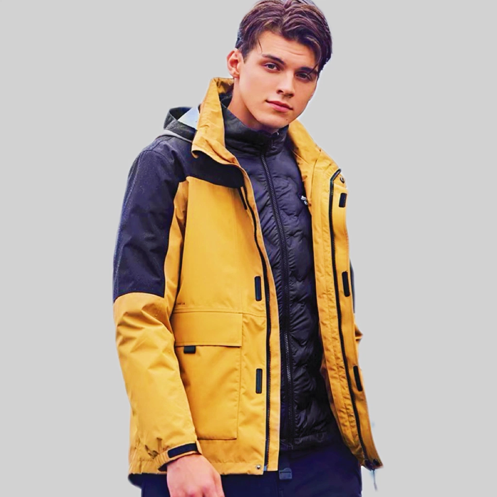 OEM Modern Winter Apparel Men Contrast Shine Oversize Down Puffer Jacket with Detachable Hood in Orange-Black for Outdoor