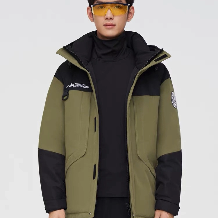 OEM Modern Winter Apparel Men Contrast Shine Oversize Down Puffer Jacket with Detachable Hood in Orange-Black for Outdoor